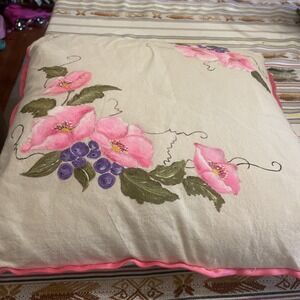 Hand‎ Painted Pink Floral Pillow Case (pink Satin Trim) W/ Pillow From Argentina